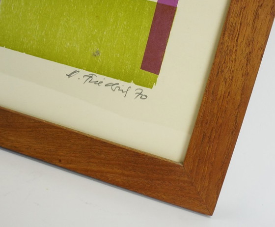 Image 1 of mid century color WOODCUT 'flowers" by heinz friedrich no. 10/60 framed signed h. friedrich 70