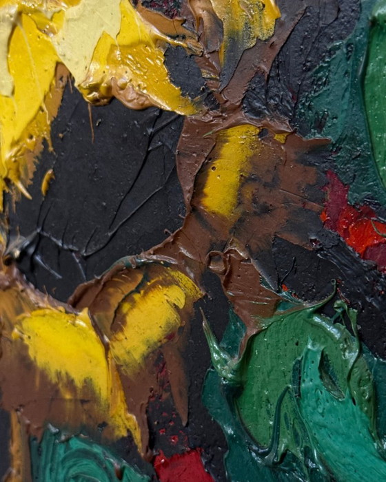 Image 1 of Ausdrucksstarke Sonnenblumen – Skandinavisches Ölgemälde aus der Mitte des 20. Jahrhunderts