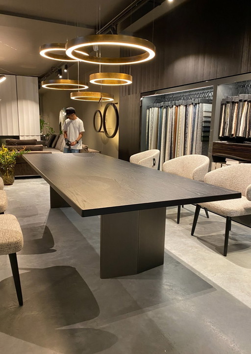 Minotti Morgan 115x280cm in Moka oak and brushed steel base 