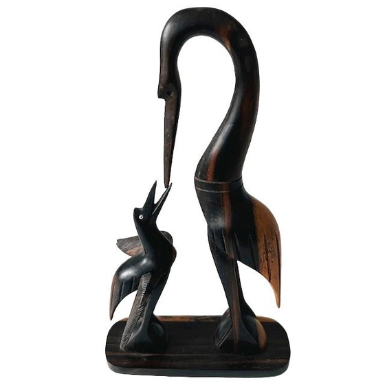 Image 1 of Vintage houtsnijwerk beeldje kraanvogel teak 1960's