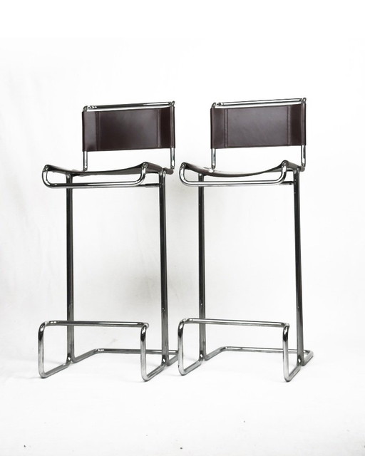 Sgabelli da bar vintage di Linea Veam, in pelle marrone e cromo, set da 6, Italia anni '60