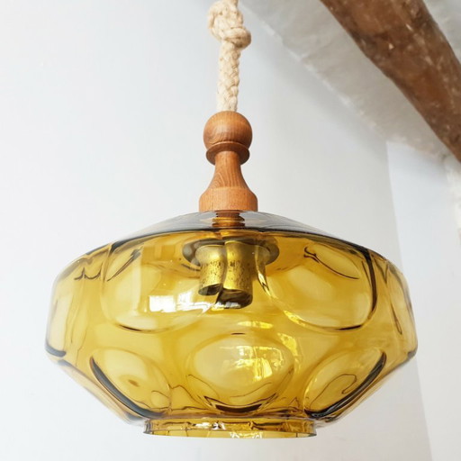 Vintage 1960s Rope, Gold Glass & Teak Pendant Light