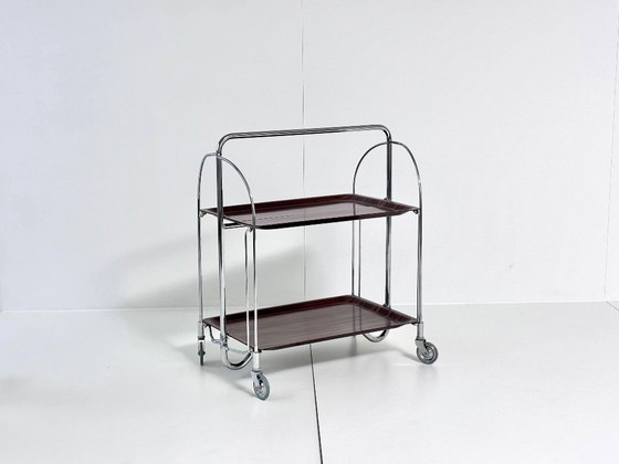 Desserte Bremshey Dinett, pliable, chrome et aspect bois foncé, Mid-Century, Argenté, Vintage (photo 14 sur 15)