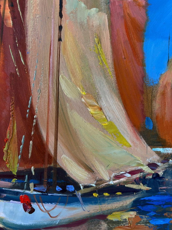 Image 1 of Original Oil Painting Summer Sea Landscape Sail full of wind