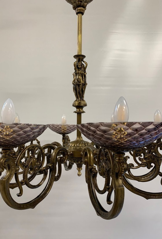 Image 1 of Vintage Murano glass chandelier by Seguso, signed in bronze and brass.