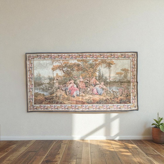 Image 1 of Arazzo da parete francese Point de Halluin - Jules Pansu - Scena di campagna in stile Aubusson