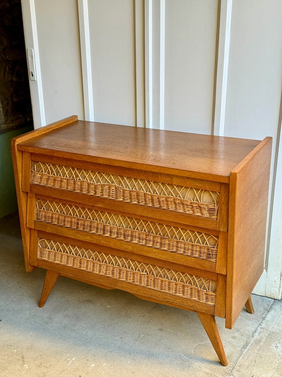 50s/60s Scandinavian Oak and Rattan Dresser, Chest of drawers (photo 3 of 14)