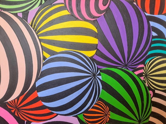 Image 1 of Cuadro Op-Art 'Boules' de Franklin van Dam - Obra de arte moderna y colorida - Acrílico sobre MDF - 95 x 95 cm