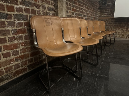 6x Vintage Esszimmerstühle Willy Rizzo Für Cidue, Cognacfarben