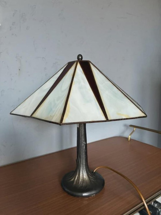 Lampe Honsel style Tiffany, abat-jour en verre crème et rouge, années 1970, Beige (photo 2 sur 7)