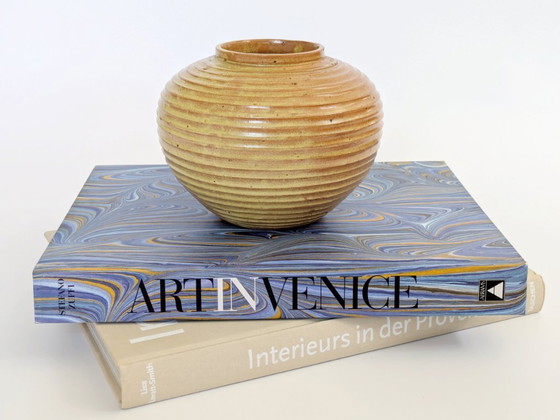 Image 1 of Vintage Studio Pottery Round Vase, Ribbed Golden Ochre Glaze, Artist Signed