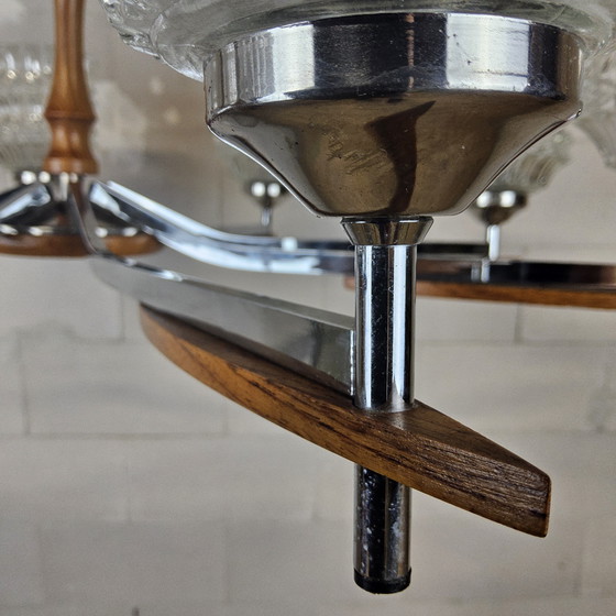 Image 1 of Lampadario d'epoca (anni '60) (8 bracci) cromo/legno (design metà secolo) Lampada a sospensione