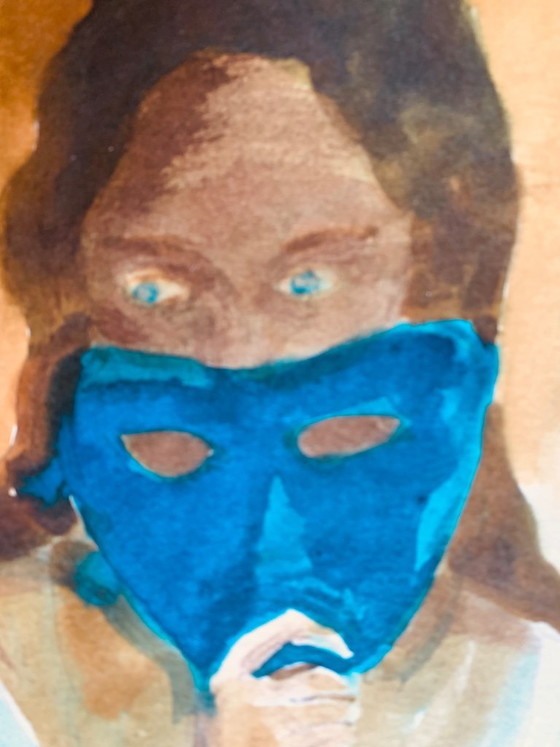 Quadro firmato, ritratto femminile al Carnevale di Venezia « La maschera blu », Dipinti e disegni, Carta (foto 5 di 10)