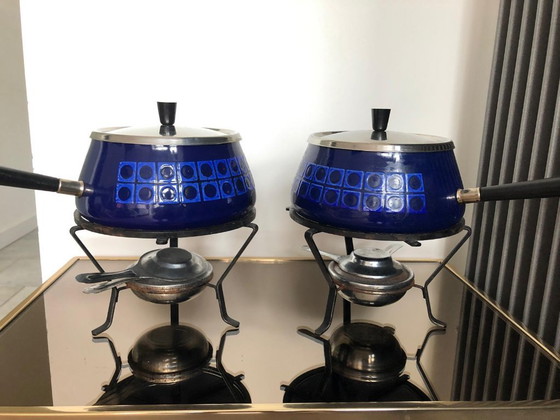 Image 1 of Retro set SILIT Blue enamel pots and saucers