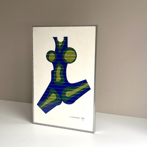 Vintage painting. Egon Peter Moosmann. Female torso. Op Art. 1970s. Hand-signed. Dated. Mid-Century Modern.