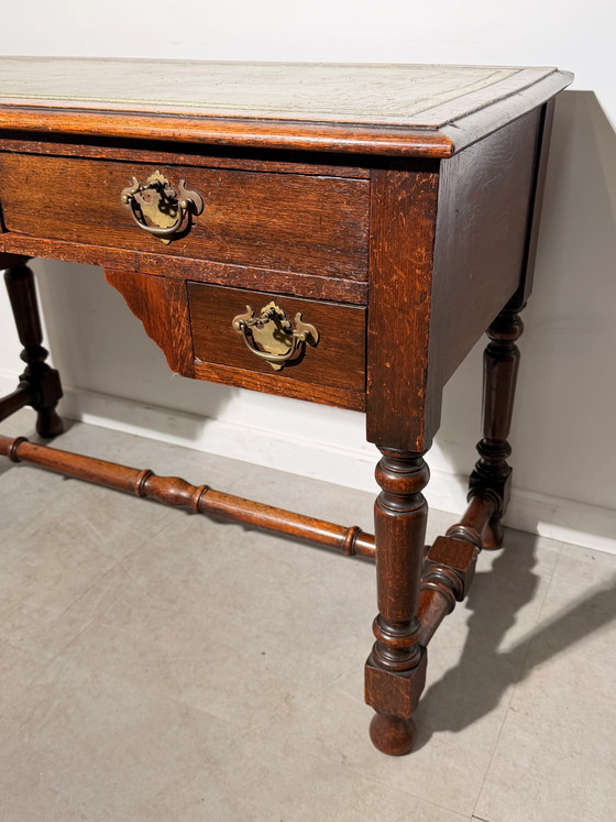 Antique Oak Writing Desk with Green Leather Top and Four Drawers (photo 3 of 6)