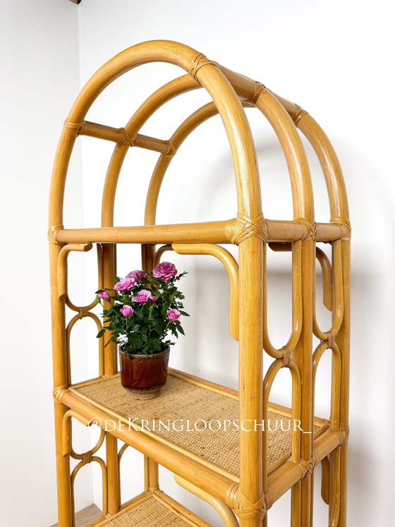 Image 1 of Vintage rattan bamboo arched cabinet bookcase