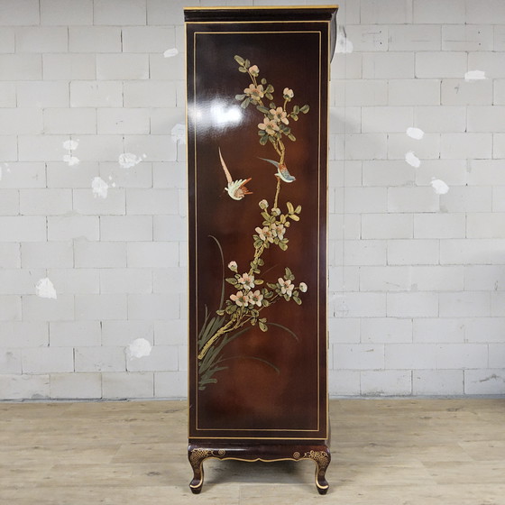 Image 1 of Vintage Chinese cabinet gold leaf flowers and peacocks and birds / oriental cabinet / bohemian cabinet / Asian cabinet