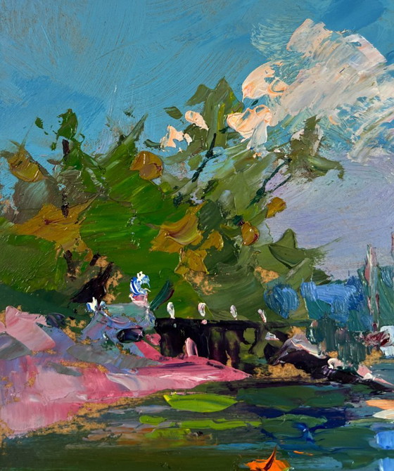 Image 1 of Original Oil Painting Coastal Waves Landscape City river in summer