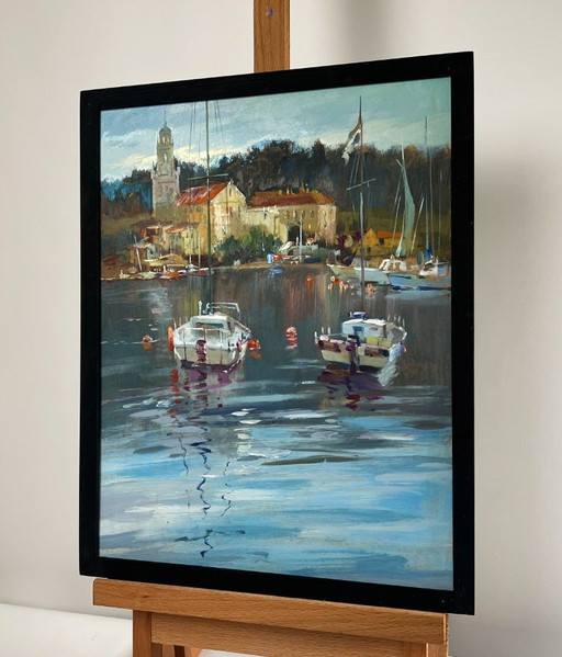 Original Oil Painting Coastal City Landscape Between the sea and the sky