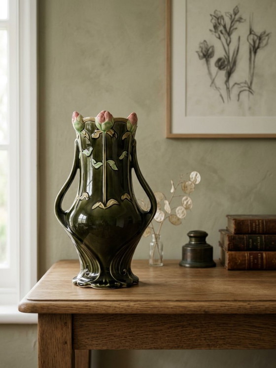 Art Nouveau Vase with Roses – Gustave De Bruyn – 25 cm – Ceramic (photo 2 of 9)
