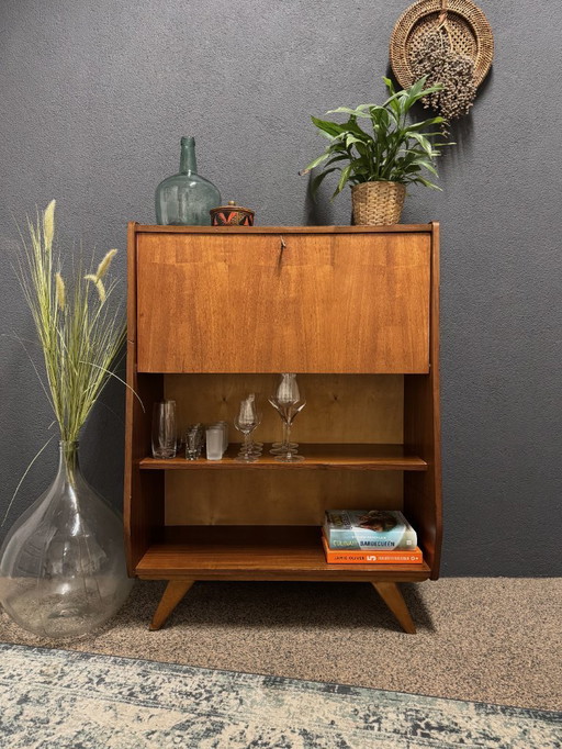 Mobile bar vintage in teak con gambe inclinate (anni '60)