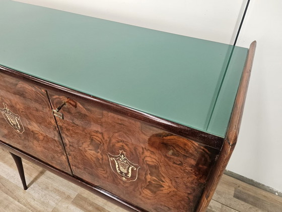 Image 1 of Mid-Century Mahogany Sideboard with Teal Glass and Compartments with Drawers, 1950