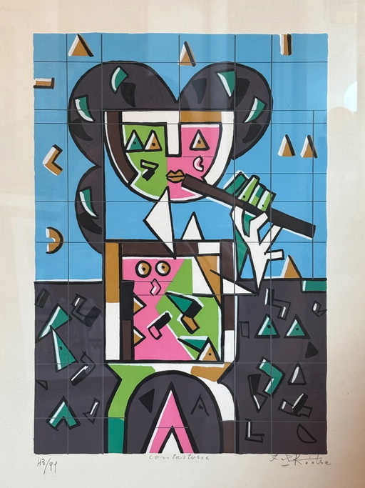 Color Lithograph "Player" by Ibrahim Kodra 1970s – schilderijen tekeningen, Paper, Geometrisch (photo 2 of 7)