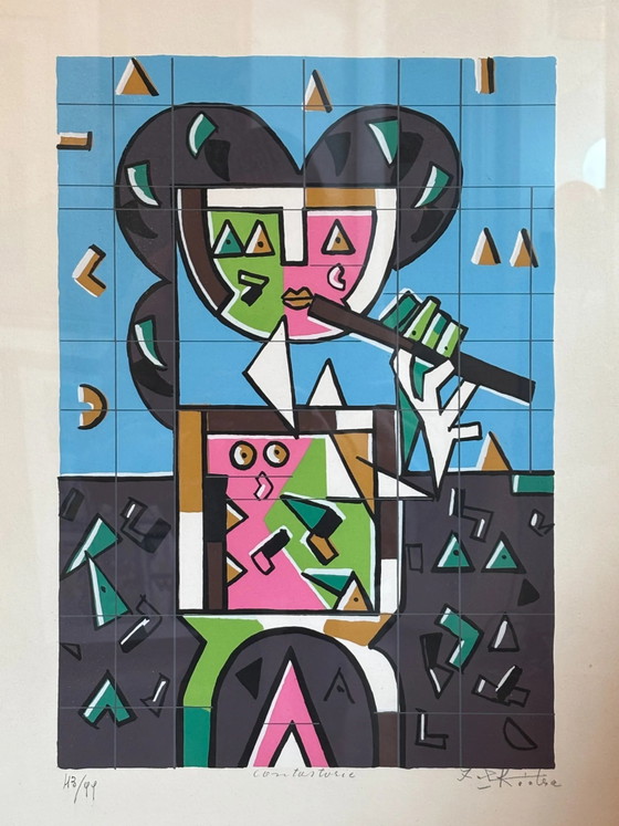 Color Lithograph "Player" by Ibrahim Kodra 1970s – Paintings & Drawings, Paper, Geometrisch (photo 2 of 7)