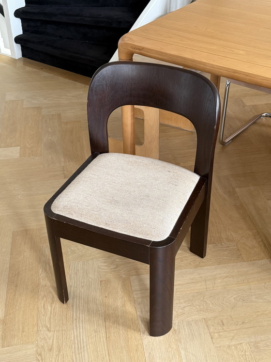 1x vintage design brutalist houten stoel met stoffen zitting in – Eetkamerstoelen, Textile, Wood (photo 5 of 6)