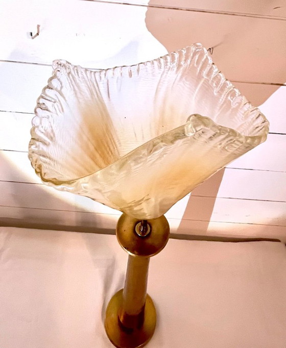 Image 1 of Rara lampada da tavolo in ottone e vetro di Murano della metà del XX secolo, attribuita a Fontana Arte, Italia,