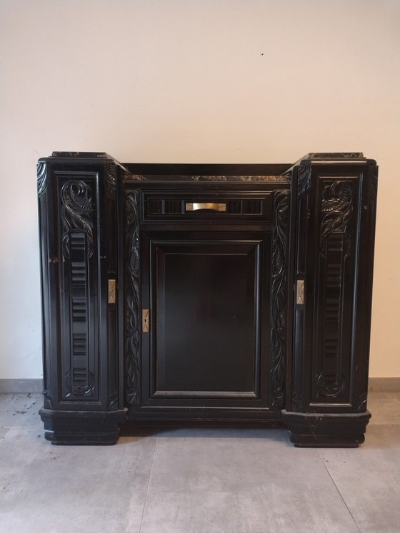 Image 1 of Art Deco Buffet met gedetailleerd inlegwerk en marmeren blad