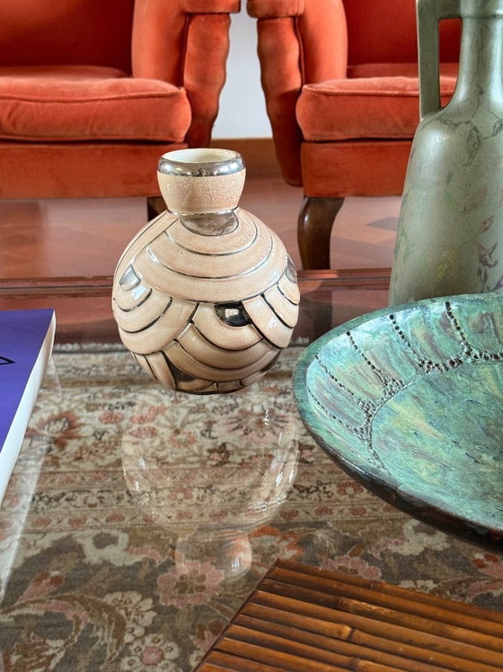 Image 1 of Art Deco pink & silver ceramic vase, Italy 1930s