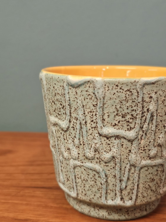 Image 1 of Vintage Earthenware Flowerpot Light Blue Yellow Blue