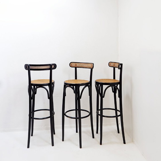 Image 1 of Set of 3 vintage Thonet-style bar stools in bentwood and caning