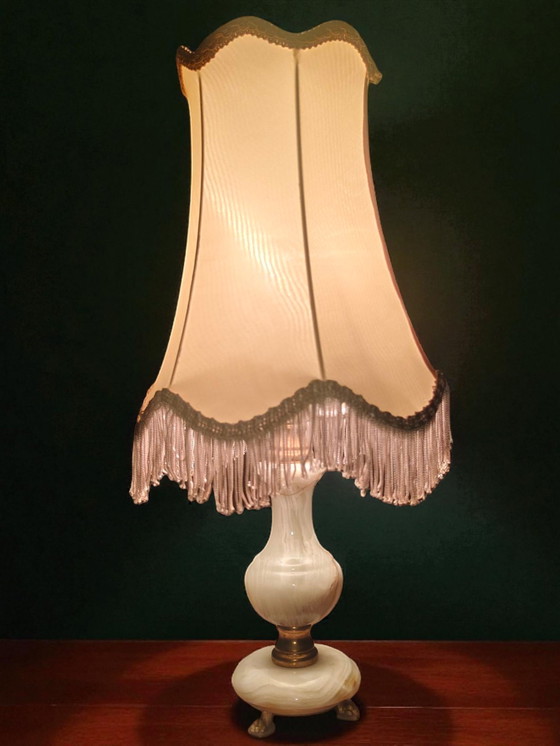 Image 1 of Vintage Onyx Lampenset Italië • G.S.E. Ottone Garantito • Messing Leeuwenpoten / Italiaanse Onyx Lampen Paar Messing Pootvoeten