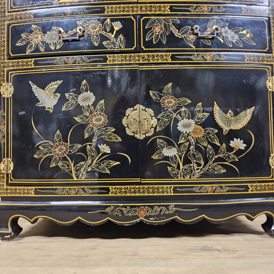 Image 1 of Vintage Chinese black lacquer cabinet birds and flowers bohemian / bohemian / oriental cabinet