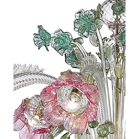 Image 1 of Verzierter venezianischer Kronleuchter aus Muranoglas in Rosa und Grün mit Blumenmuster