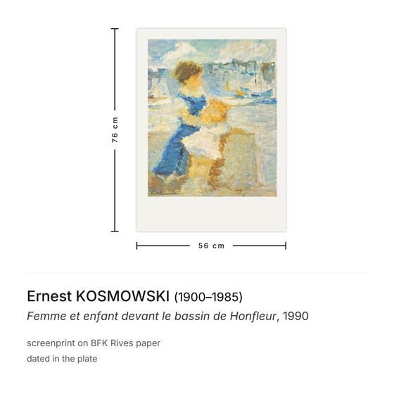 Image 1 of Ernest Kosmowski. Mujer y niño frente al puerto de Honfleur. Serigrafía, 1990.