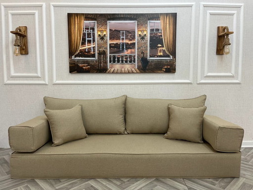 Thick Off White Beige Linen Modern Living Room Floor Seating Sofa Couch, Sectional Sofa, Boho Couches, Home Decor, Floor Sofa Se