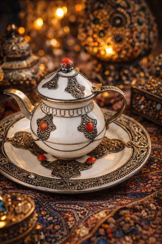 Image 1 of Authentic Moroccan Handcrafted Ceramic & Silver Teapot – Artisanal Collector's Piece