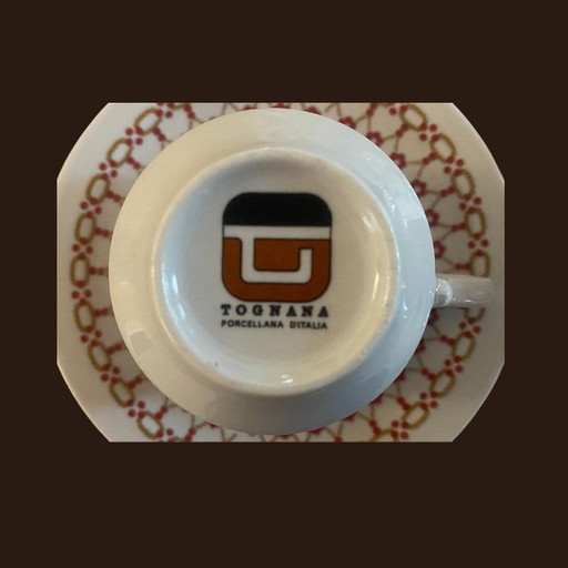 NOS Vintage Tognana Italian Porcelain Coffee Set - 14 Pcs - Red Geometric Design