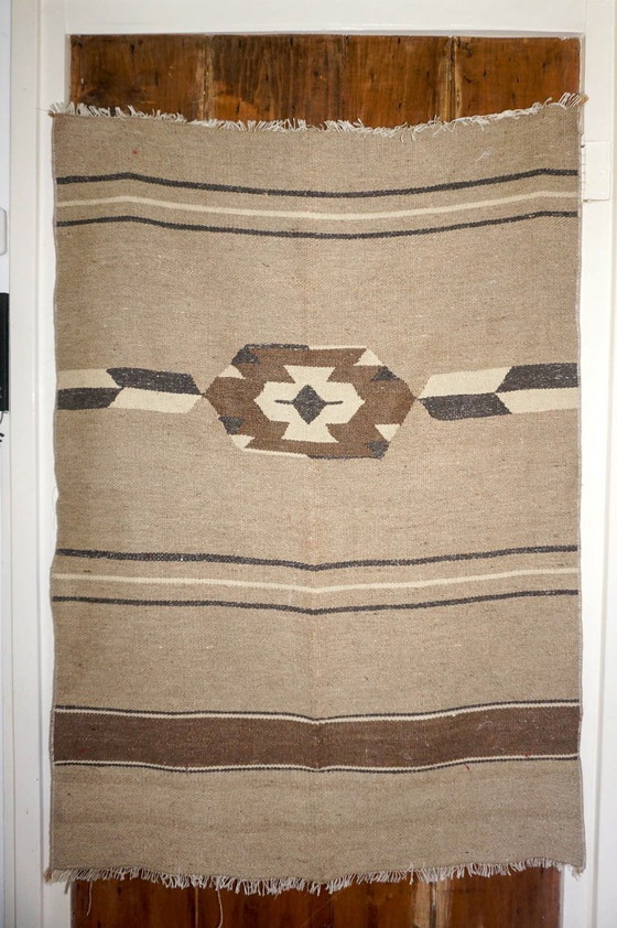 Image 1 of vintage turkish kilim rug * usak region turkey * woven wool * brown beige camel white* geometric design * textile carpet earthy 