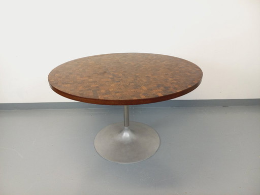 Vintage Round Tulip Dining Table by Dieter Wackerlin in Knoll Style from the 60s-70s in Wood Mosaic and Cast Aluminum
