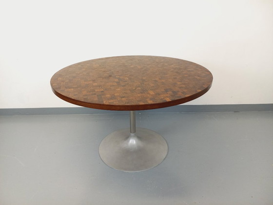 Image 1 of Vintage Round Tulip Dining Table by Dieter Wackerlin in Knoll Style from the 60s-70s in Wood Mosaic and Cast Aluminum