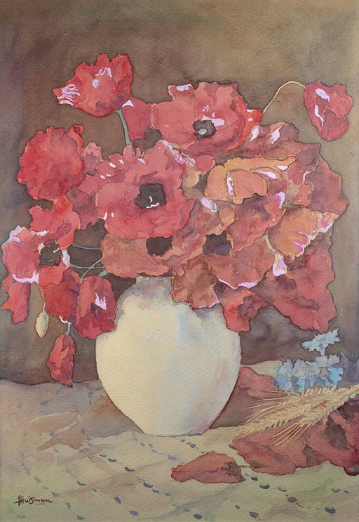 Jopie Huisman--Poppies dans un vase blanc