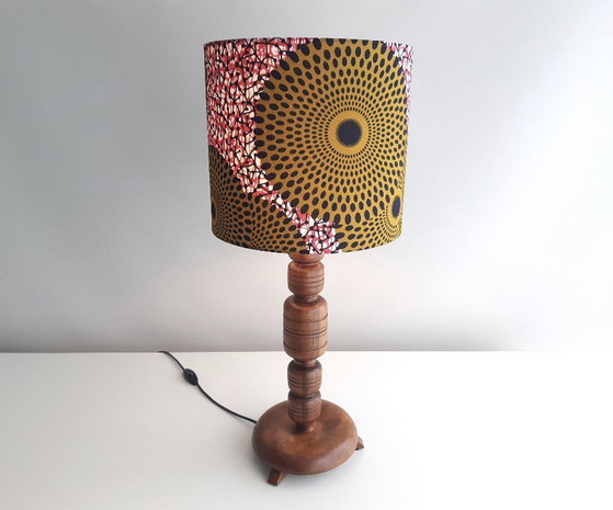 Image 1 of Unique vintage wooden lamp base with handmade lampshade made of African wax fabric