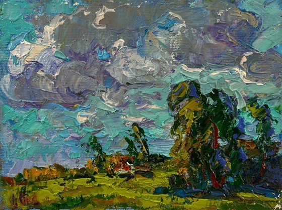 Originales Ölgemälde Sommerliche Naturlandschaft mit schwebenden Wolken – Gemälde & Zeichnungen, Canvas (photo 3 of 8)