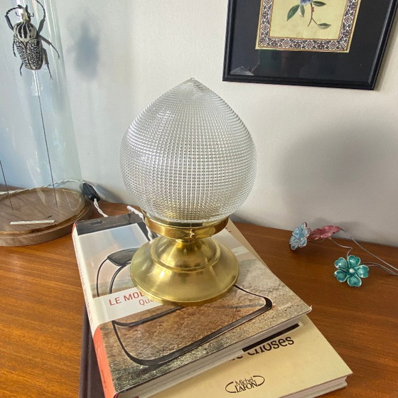 Image 1 of Antique globe table lamp in Holophane-type glass and brass