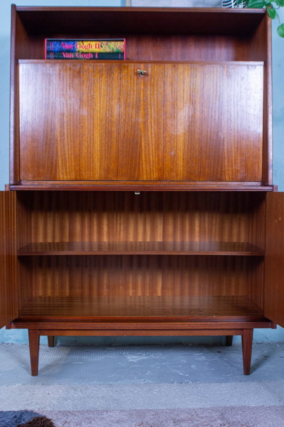 Image 1 of Vintage teakhouten secretaire, hoge kast, dressoir, dressoir, midden 20e eeuw